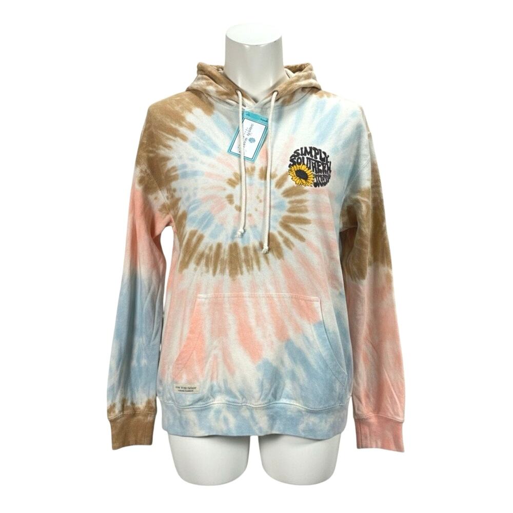 Simply Southern Hoodie Large Sunflower Tie Dye Blue Pink Tan "See The Good" NWT